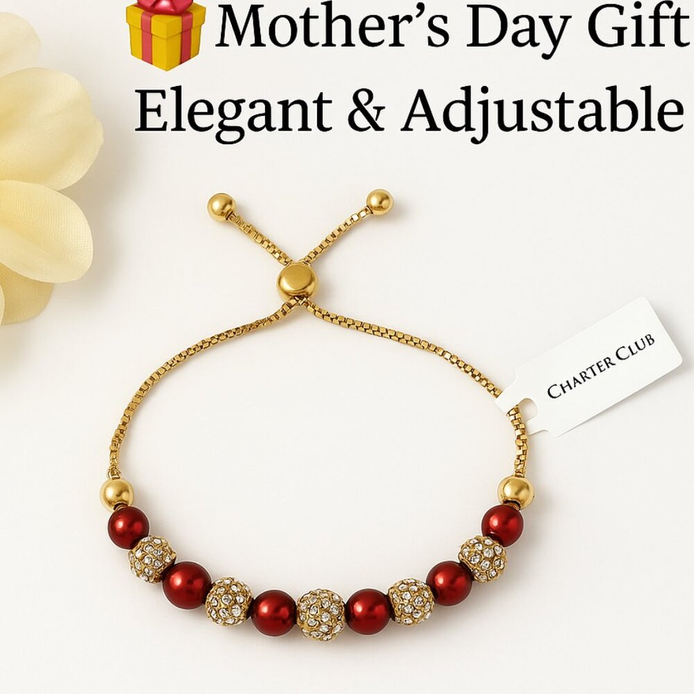 ✨ Charter Club Adjustable Bracelet with Red & Gold Accents – Elegant Gift Ready